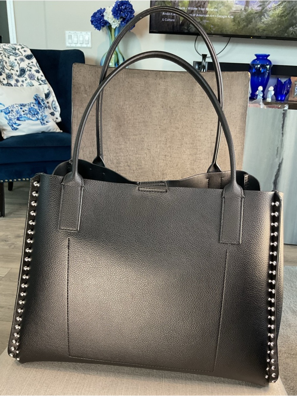 DKNY Josie Large Studded Tote Bag Black Pebbled Leather (GUC) - Picture 5 of 15